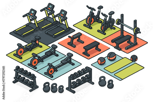 Isometric set of gym equipment including treadmills, weights, and exercise machines