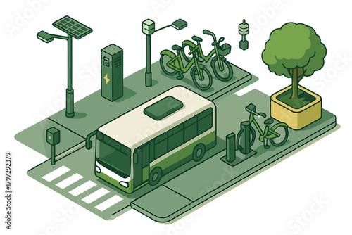 Green city public transportation hub with electric bus, bike sharing, and solar street light