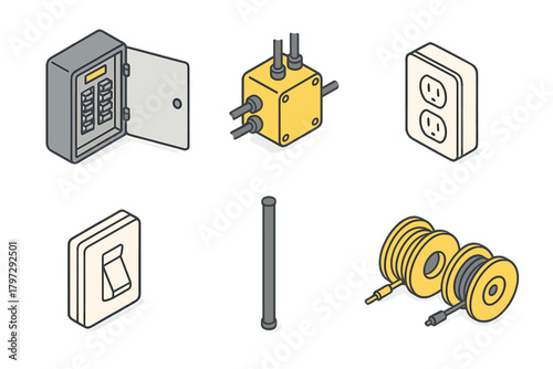 Isometric electrical components: breaker box, outlet, switch, junction box, and cable spools