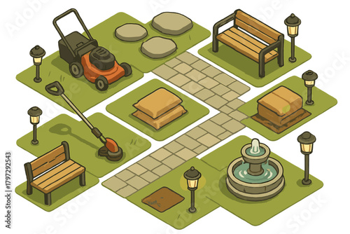 Isometric set of park and garden elements: benches, fountain, lawnmower, path, and lights