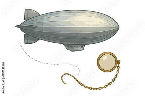 Detailed vintage airship blimp floating above a golden monocle with chain accessory