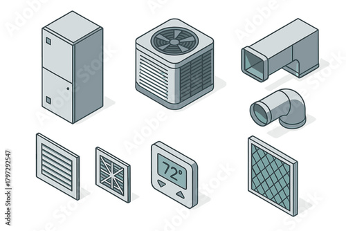 Isometric set of HVAC system components air conditioner furnace thermostat ductwork