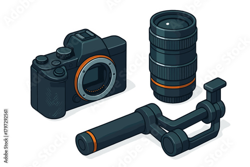 Professional digital mirrorless camera body, telephoto lens, and handheld video stabilizer set