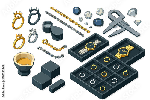 Assortment of jewelry crafting elements including ring settings, chains, gemstones, watches, and jeweler tools