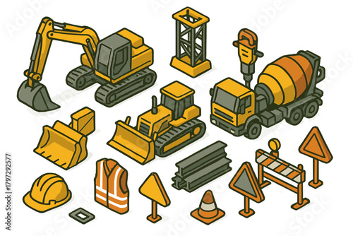 Heavy construction machinery, safety signs, protective gear, and tools in isometric view