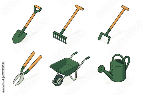 Collection of essential gardening tools including a shovel, rake, wheelbarrow, shears, and watering can
