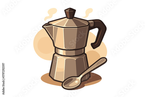 Classic metal Moka pot coffee maker steaming hot with a spoon on a white background