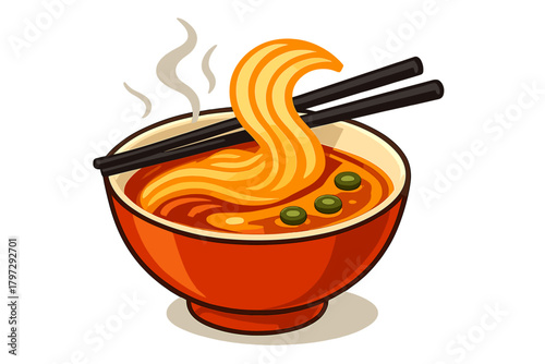 Steaming bowl of hot ramen noodles with chopsticks and green toppings isolated on a white background