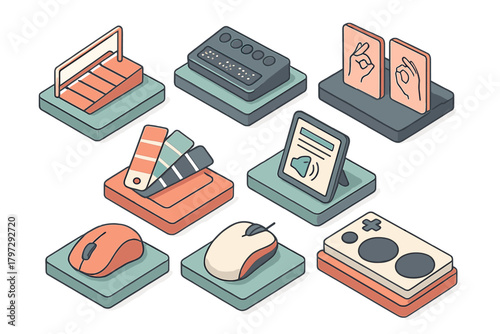 Isometric icons of digital design tools, creative technology, and accessibility features