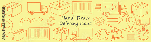 Hand Drawn Delivery Icons Shipping Logistics and E commerce Vectors Seamless Pattern For Delivery Services Truck Boxes