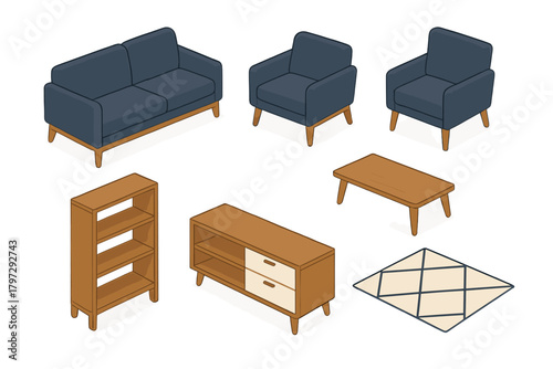 Isometric living room furniture collection featuring mid-century modern sofa, armchairs, tables, and storage