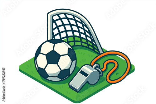 Soccer ball goal net and referee whistle resting on green grass turf field