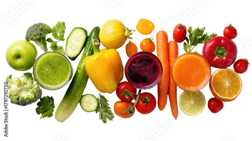 Colorful fresh fruits vegetables and mixed juices arranged in vibrant assortment with bright natural textures isolated on white background