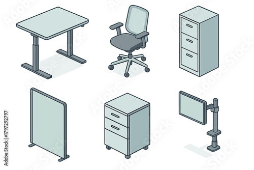Modern isometric furniture collection featuring desk, ergonomic chair, storage cabinets, and partition screen