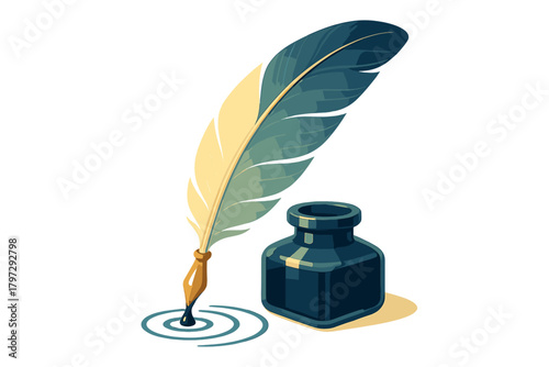 Classic writing instrument featuring a large feather quill dipping into a dark inkwell