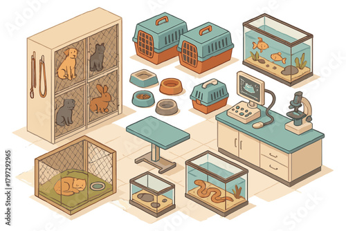 Isometric collection of veterinary clinic supplies, medical equipment, and various pets