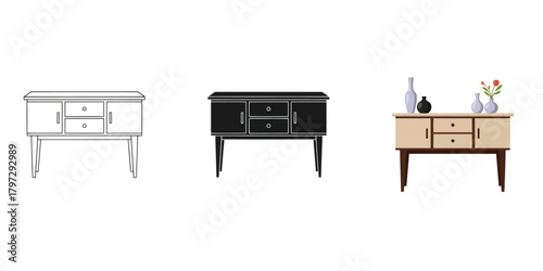 Elegant sideboard Vector Set in Three Styles — Line Art, Silhouette and Color Version  with drawers and cabinets for minimalist interior decor and furniture design projects