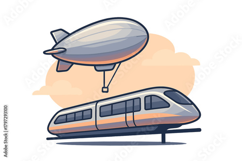 Futuristic high-speed train and large airship symbolizing modern transportation and future travel