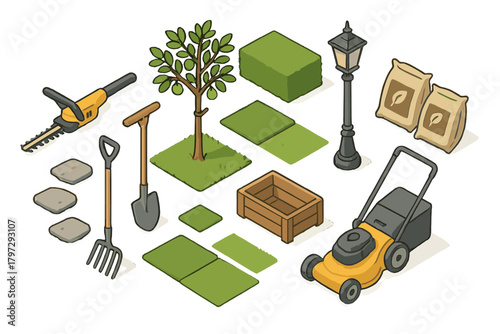 Isometric collection of essential gardening tools and landscaping elements for yard maintenance