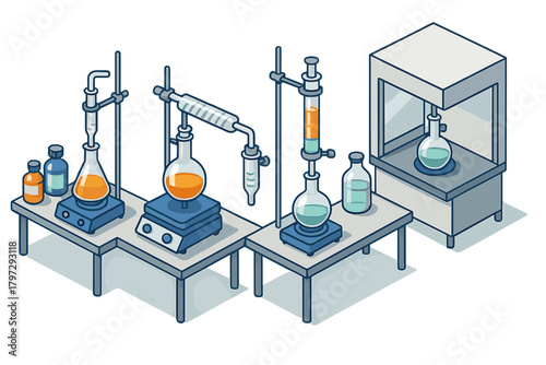 Isometric view of chemical laboratory equipment performing complex scientific research