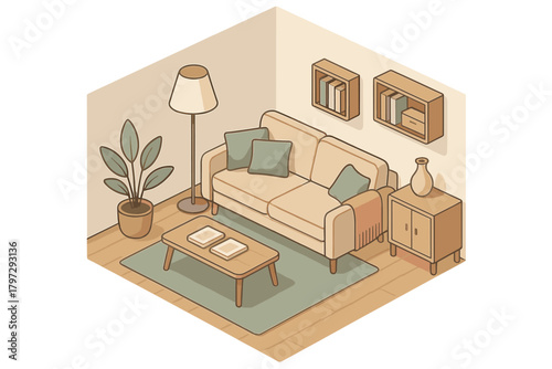 Comfortable living room interior design in isometric view with sofa and home decor
