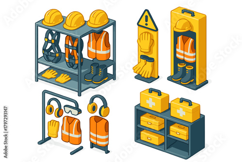 Essential personal protective equipment and safety supplies stored on shelves