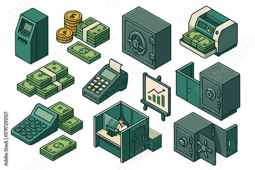 Isometric set of banking and finance elements including ATM, safe, cash, and POS terminal