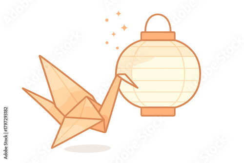 Origami paper crane and traditional Japanese lantern with glowing light