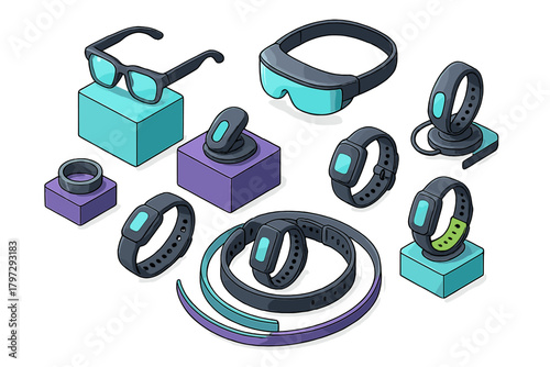Modern wearable technology devices set including smart glasses fitness trackers and AR headsets isometric view