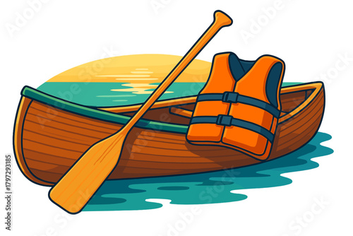 Wooden canoe with paddle and orange life jacket floating on water at sunset or sunrise