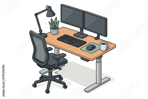 Contemporary home workspace featuring an adjustable desk, dual computer screens, and a comfortable chair
