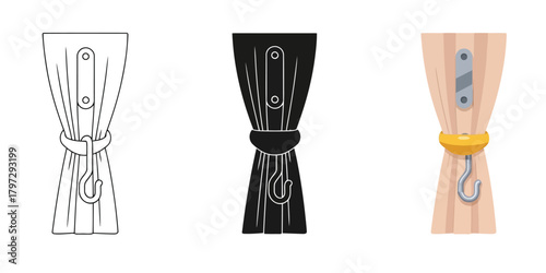 Curtain Vector Set in Three Styles — Line Art, Silhouette and Color Version with Decorative Tie Back and Hook Isolated on White Background Simple Line Art