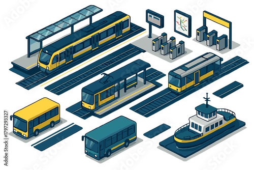 Set of urban mass transit vehicles and station infrastructure elements in isometric view