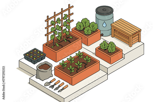 Detailed isometric setup of a small home vegetable garden featuring raised beds, trellis, and essential tools
