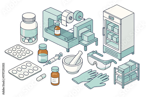 Pharmaceutical production and laboratory equipment set in isometric view
