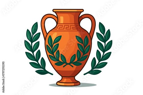 Ancient Greek terracotta amphora vase decorated with laurel wreath and meander pattern