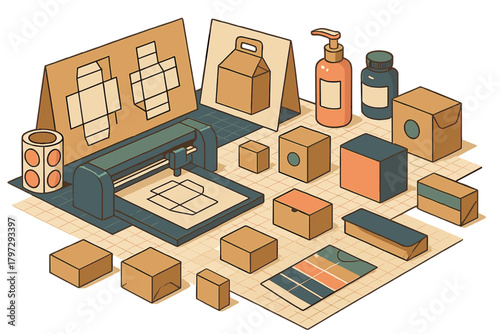 Professional packaging design and prototyping setup featuring a cutting machine and product containers