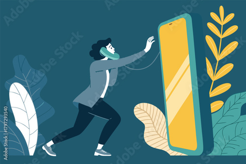 A person desperately struggles to break free from a colossal smartphone's glowing screen, its digital tendrils reaching out to ensnare them.