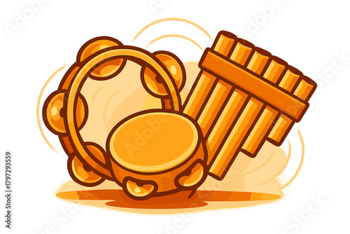 Stylized tambourine and traditional pan flute musical instruments in warm orange tones
