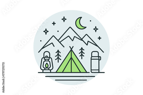 Minimalist camping scene featuring tent, mountains, lantern, and thermos under starry night