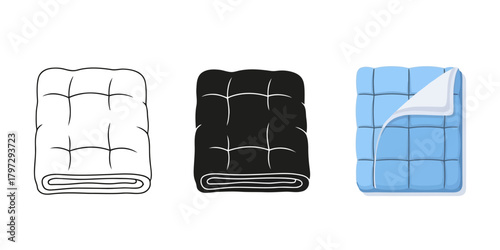 Quilted Blanket Vector Set in Three Styles — Line Art, Silhouette and Color Version in a simple bedroom setting Comfort and Home Decor
