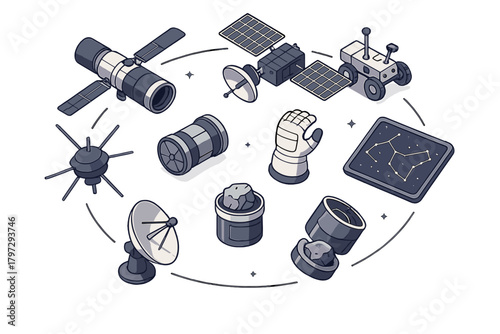 Space exploration equipment set with satellite, rover, telescope, and astronaut gear