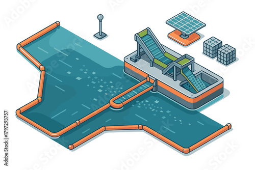 Isometric water purification system powered by solar energy and advanced filtration technology
