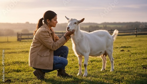 Woman interacting gently with goat in green pasture at sunset  