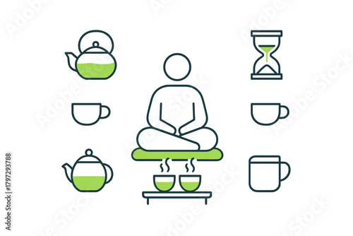 Minimalist line symbols for mindfulness, relaxation, meditation, and tea ceremony concepts