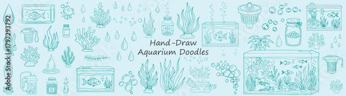 Serene Hand Drawn Aquarium Doodles Fish Bubbles Plants and Accessories in a Delightful Aquatic Blue Perfect for Creative