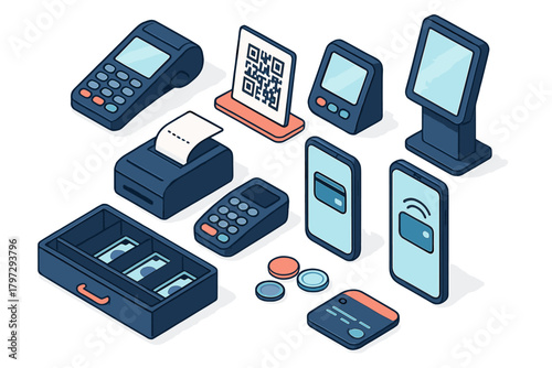Isometric collection of modern retail payment technology devices, cash register drawer, and mobile transaction elements