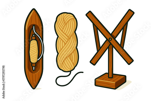 Traditional weaving tools set including wooden shuttle, braided yarn hank, and yarn swift stand