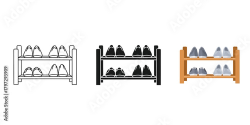 Minimalist shoe rack Vector Set in Three Styles — Line Art, Silhouette and Color Version for lifestyle
