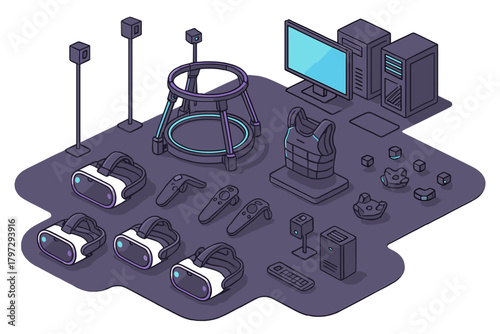 Advanced virtual reality simulation gear setup with headsets, controllers, tracking sensors, and computer